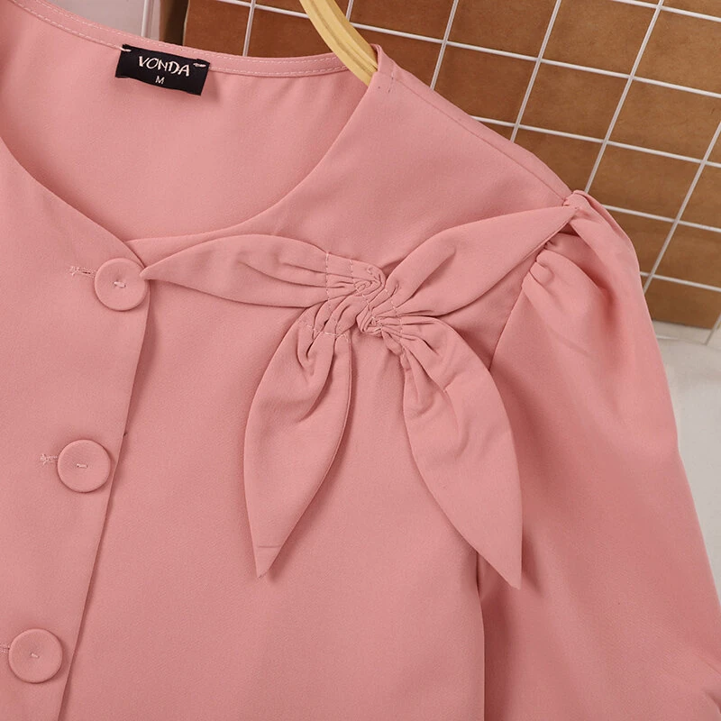 (image for) VONDA Womens Elegant Bowknot Decorate Puff Sleeve Blouses Temperament Button Shirts