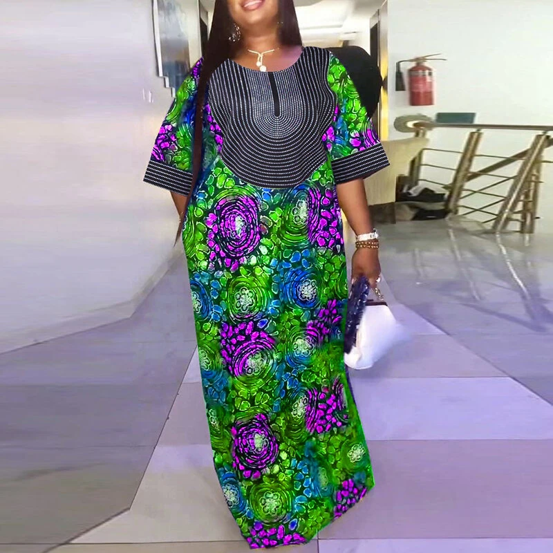 (image for) VONDA Womens Elegant Half Sleeve Noble Crew Neck Printed Maxi Dresses (Plus Size)