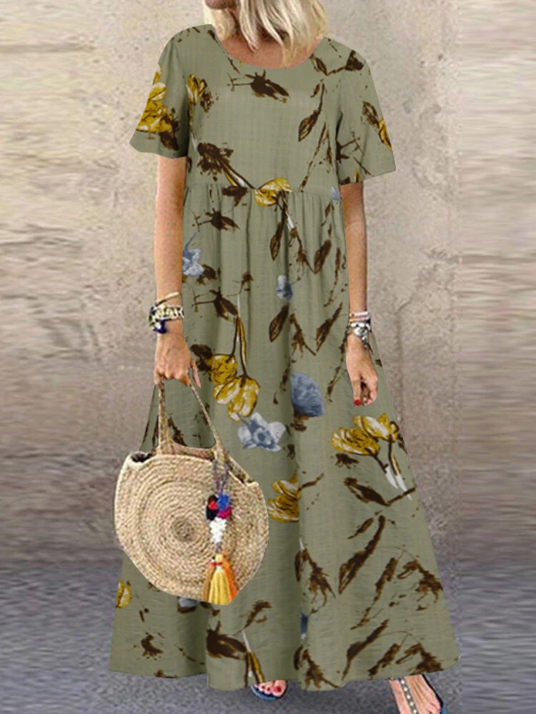 (image for) Vintage Floral Print Short Sleeve Loose Casual Maxi Dress