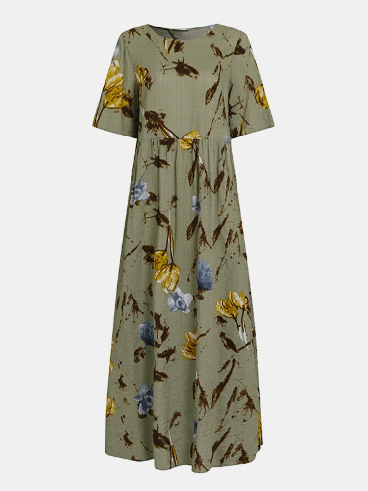 (image for) Vintage Floral Print Short Sleeve Loose Casual Maxi Dress