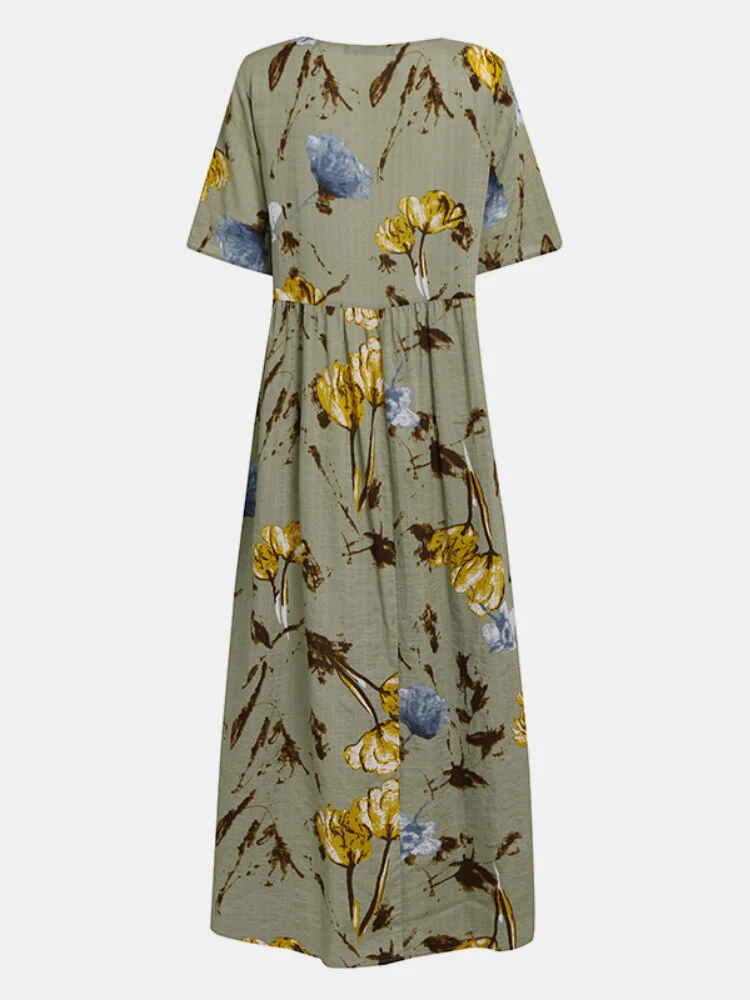 (image for) Vintage Floral Print Short Sleeve Loose Casual Maxi Dress