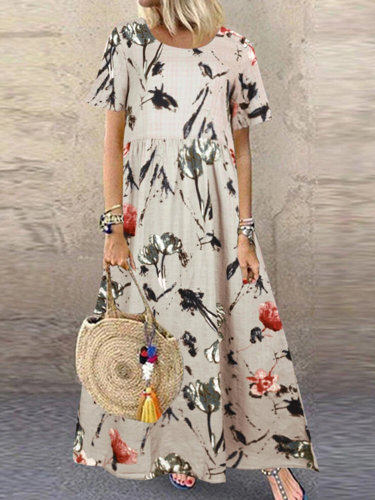 (image for) Vintage Floral Print Short Sleeve Loose Casual Maxi Dress