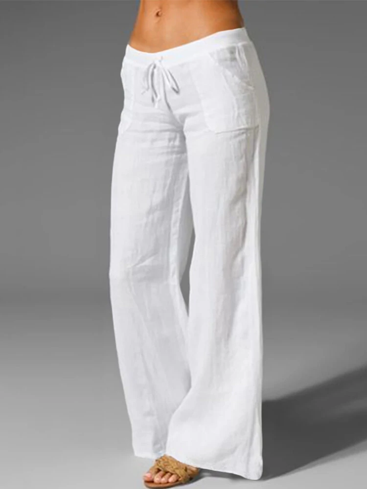 (image for) Wide Leg Women Loose Cotton Pure Color Elastic Waist Trousers Pants