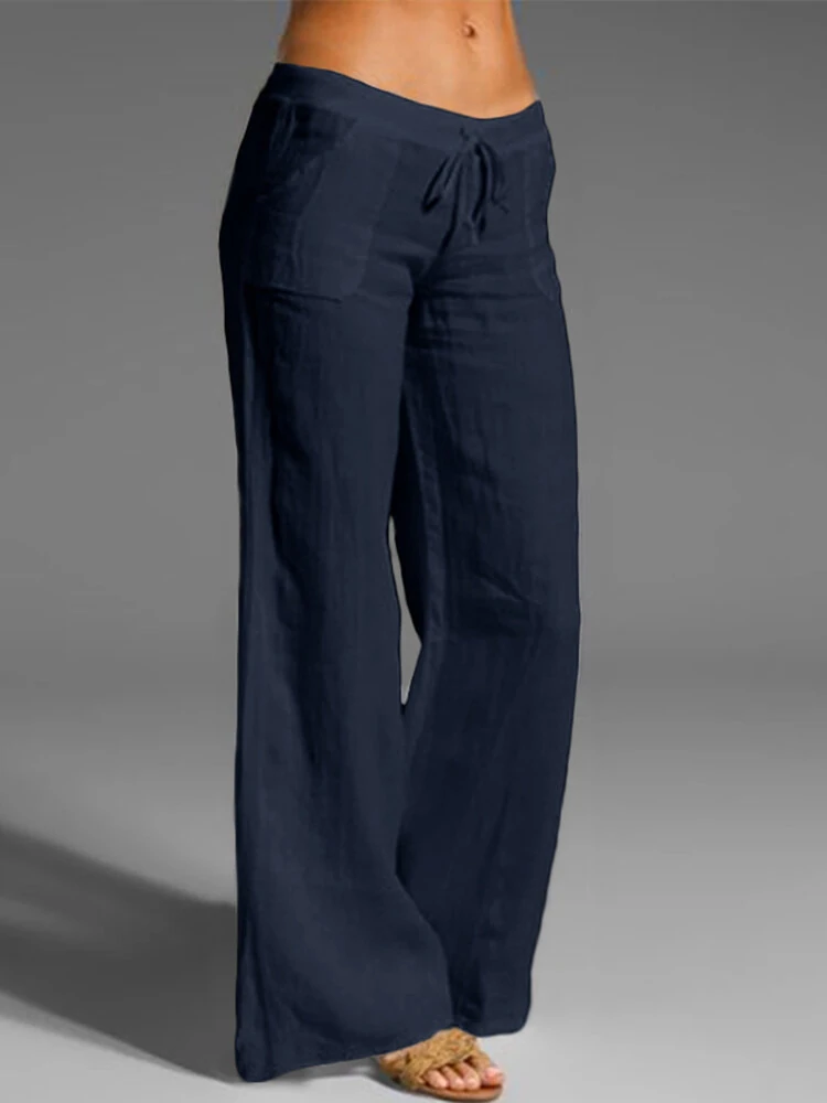 (image for) Wide Leg Women Loose Cotton Pure Color Elastic Waist Trousers Pants