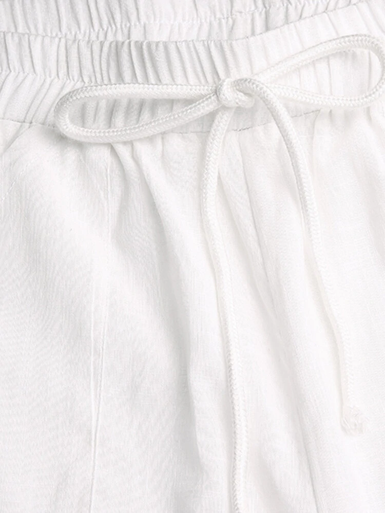 (image for) Wide Leg Women Loose Cotton Pure Color Elastic Waist Trousers Pants