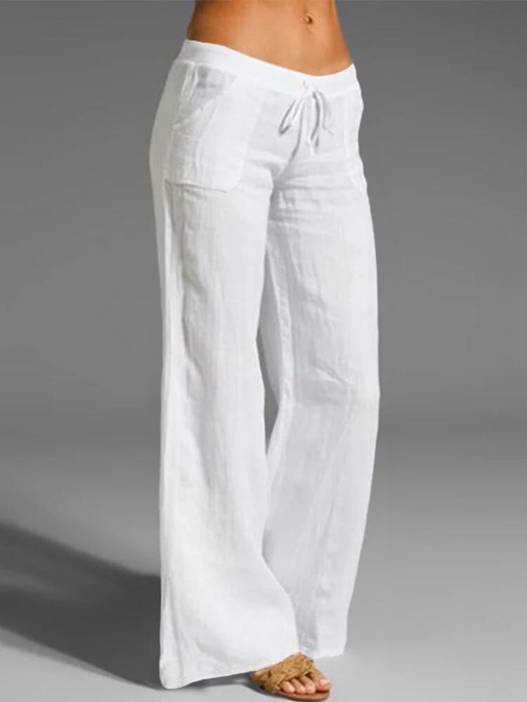 (image for) Wide Leg Women Loose Cotton Pure Color Elastic Waist Trousers Pants