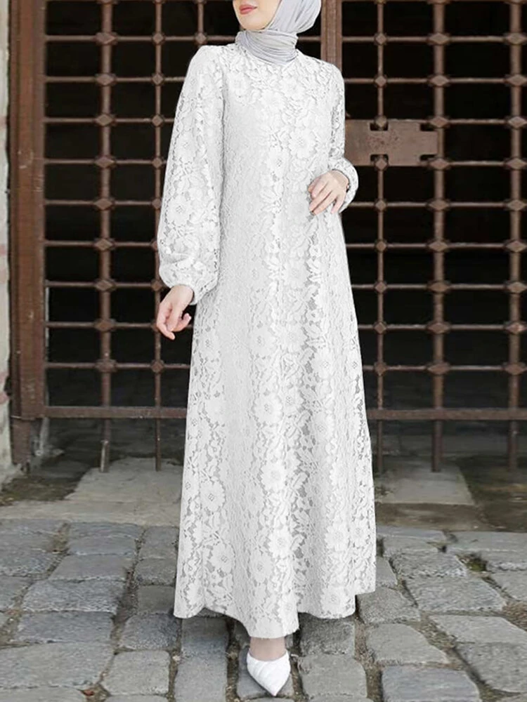 (image for) Women 100% Cotton Abaya Kaftan Lace Patchwork Casual Wedding Midi Dress