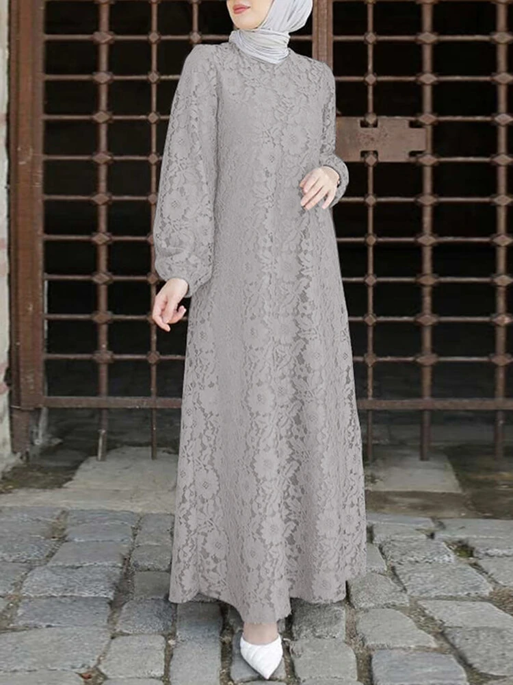 (image for) Women 100% Cotton Abaya Kaftan Lace Patchwork Casual Wedding Midi Dress