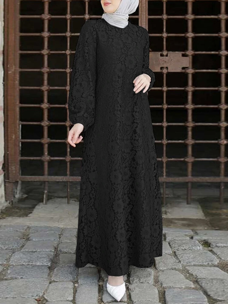 (image for) Women 100% Cotton Abaya Kaftan Lace Patchwork Casual Wedding Midi Dress