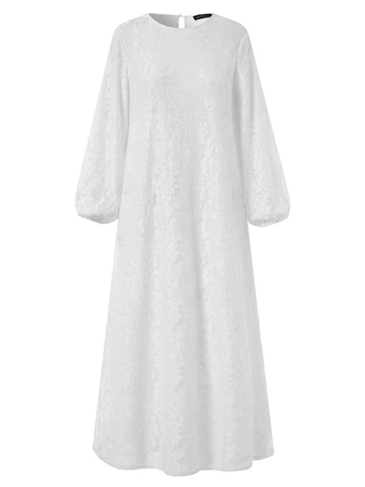 (image for) Women 100% Cotton Abaya Kaftan Lace Patchwork Casual Wedding Midi Dress