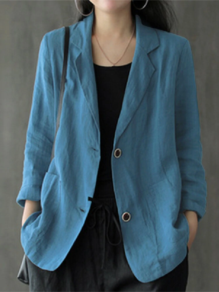 (image for) Women 100% Cotton Solid Color Button Front Business Thin All-Match Blazer With Pocket