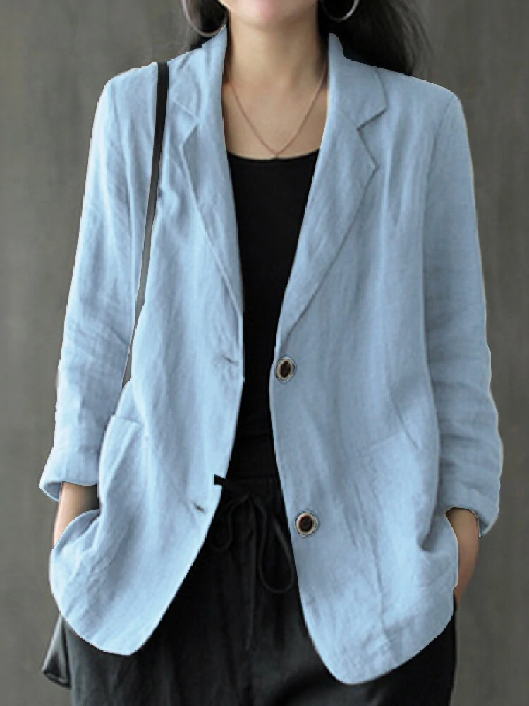 (image for) Women 100% Cotton Solid Color Button Front Business Thin All-Match Blazer With Pocket