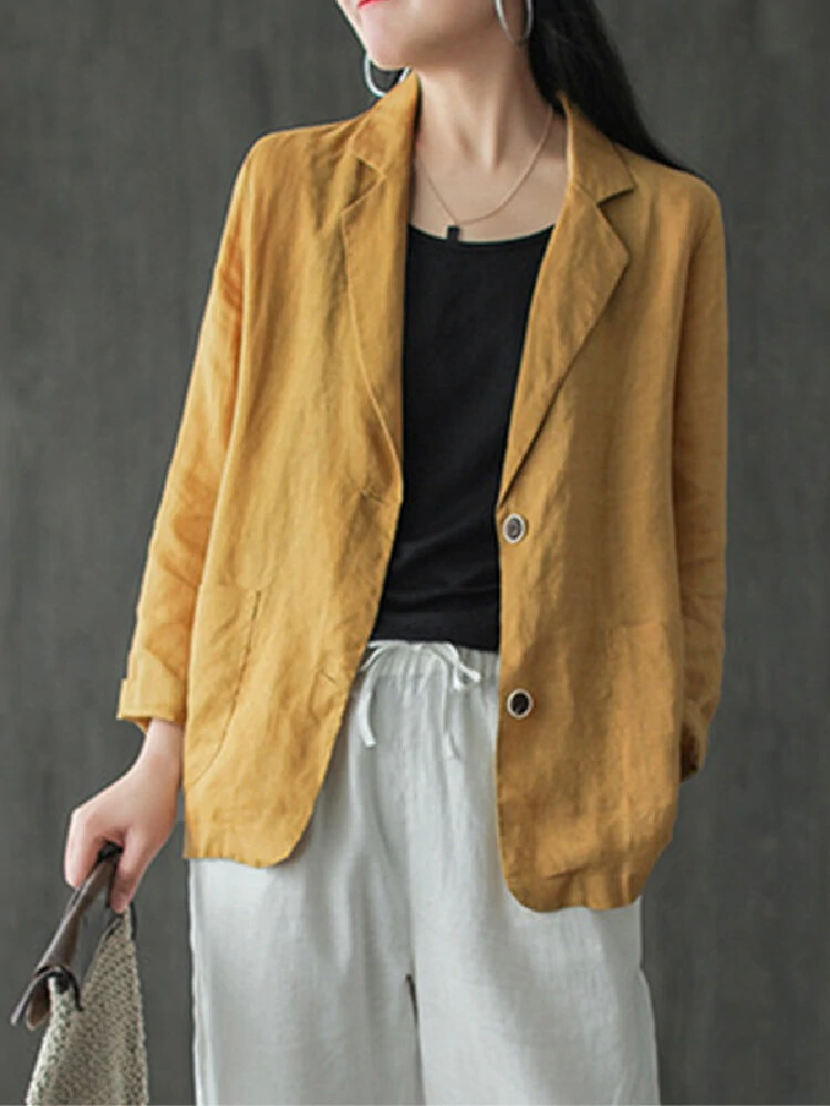 (image for) Women 100% Cotton Solid Color Button Front Business Thin All-Match Blazer With Pocket