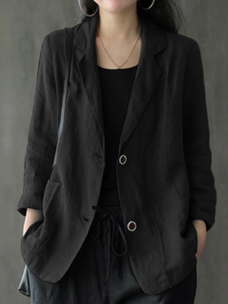 (image for) Women 100% Cotton Solid Color Button Front Business Thin All-Match Blazer With Pocket