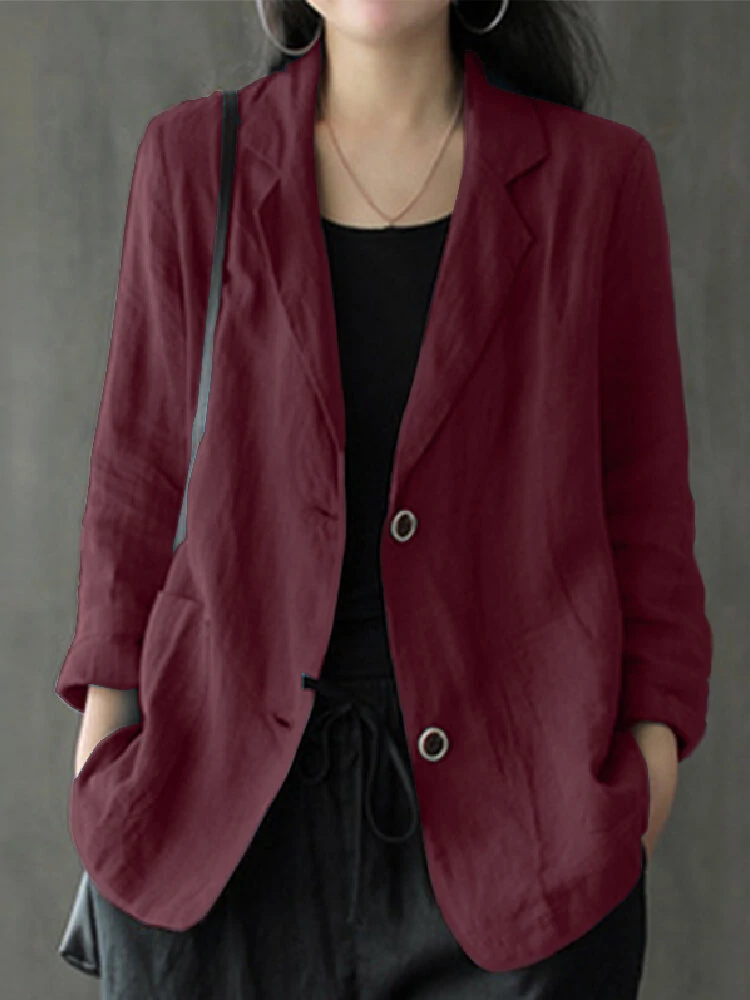 (image for) Women 100% Cotton Solid Color Button Front Business Thin All-Match Blazer With Pocket