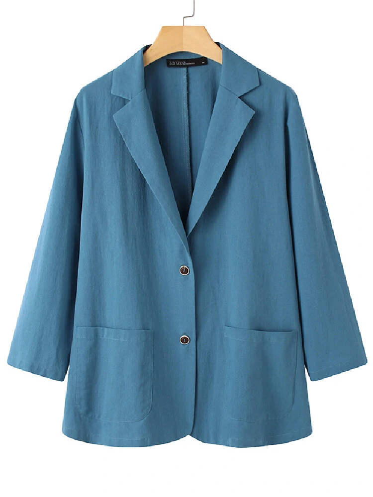 (image for) Women 100% Cotton Solid Color Button Front Business Thin All-Match Blazer With Pocket