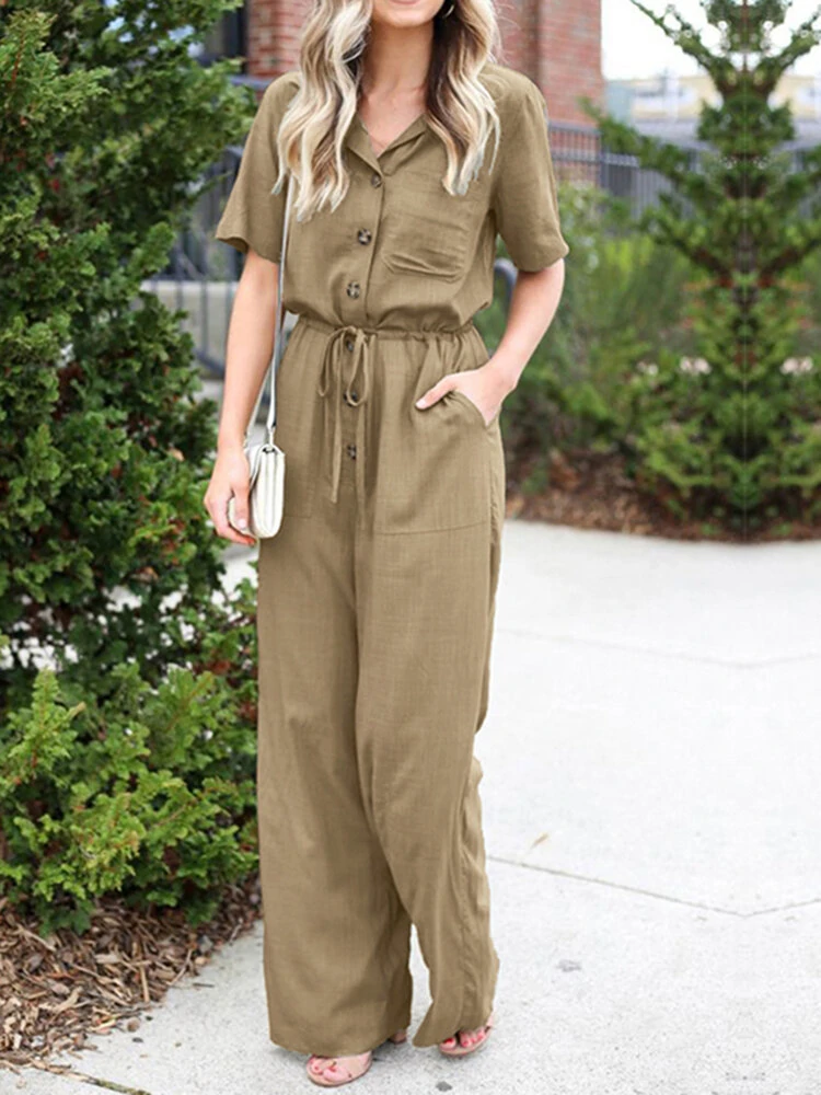 (image for) Women Button Front Camp Collar Cargo Style Short Sleeve Jumpsuits With Pocket