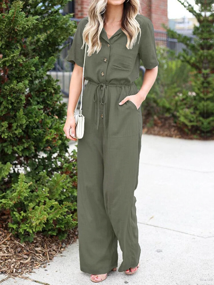 (image for) Women Button Front Camp Collar Cargo Style Short Sleeve Jumpsuits With Pocket