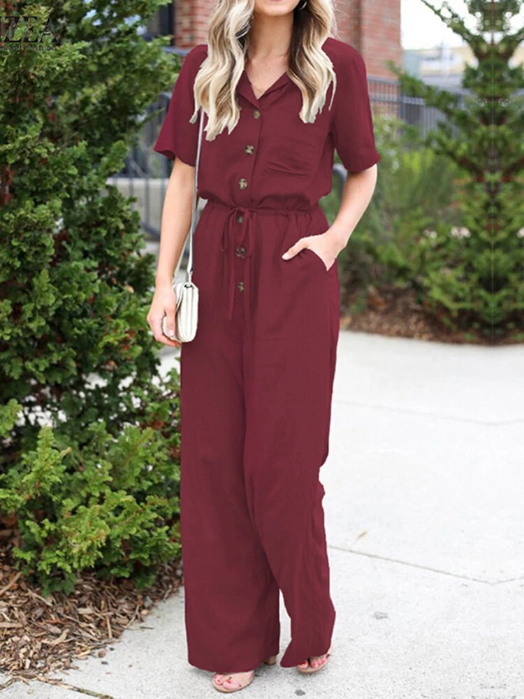 (image for) Women Button Front Camp Collar Cargo Style Short Sleeve Jumpsuits With Pocket