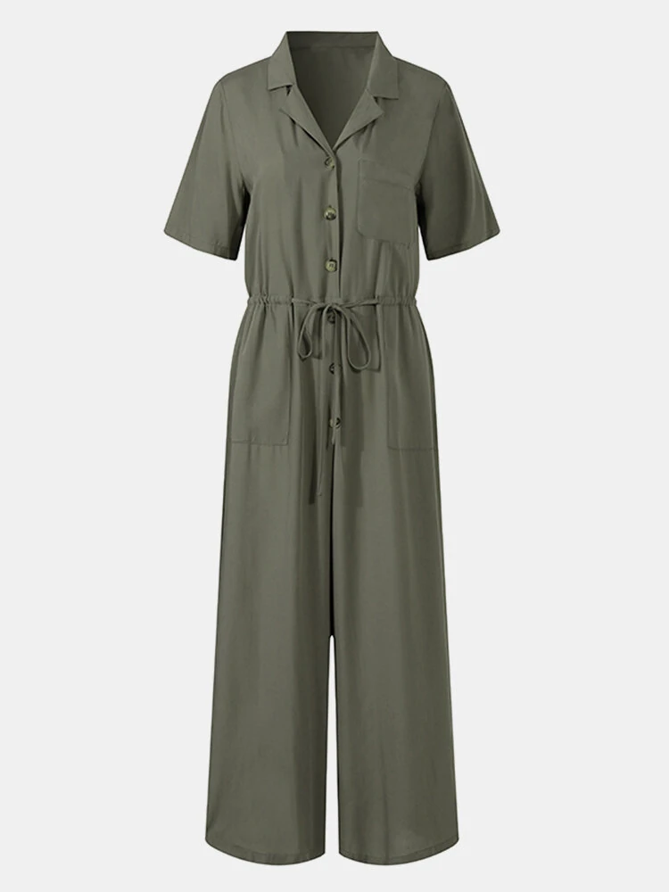 (image for) Women Button Front Camp Collar Cargo Style Short Sleeve Jumpsuits With Pocket