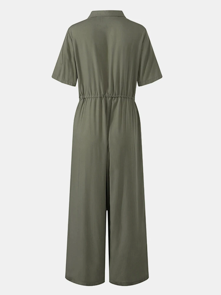 (image for) Women Button Front Camp Collar Cargo Style Short Sleeve Jumpsuits With Pocket