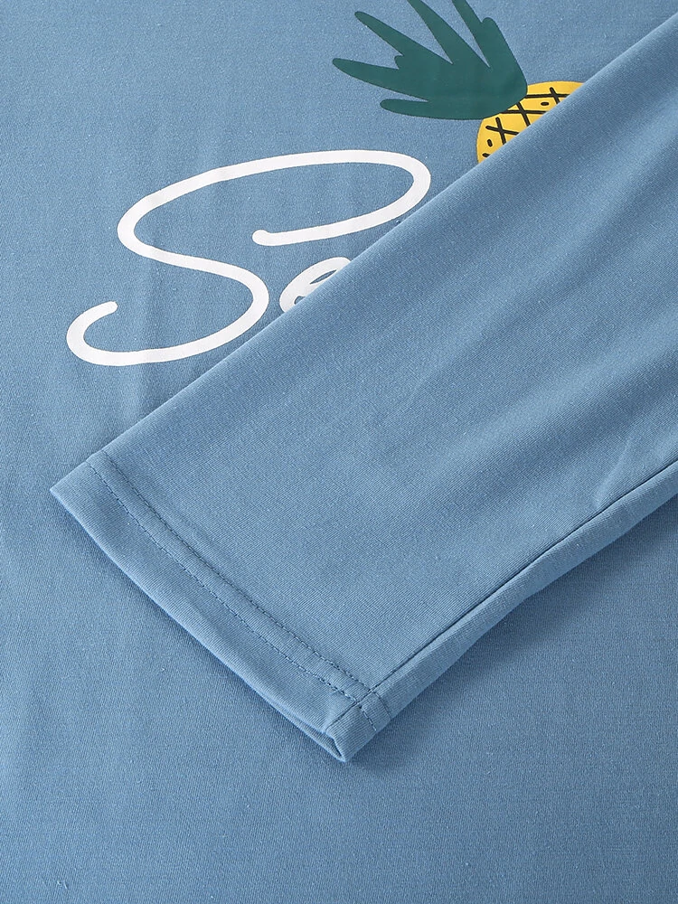 (image for) Women Cartoon Fruit Print O-Neck Loose Pants Cotton Comfy Plus Size Home Pajamas Sets