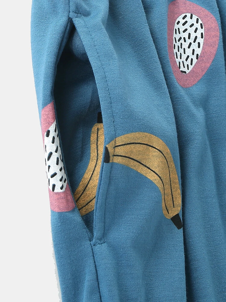 (image for) Women Cartoon Fruit Print O-Neck Loose Pants Cotton Comfy Plus Size Home Pajamas Sets