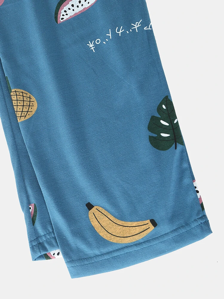 (image for) Women Cartoon Fruit Print O-Neck Loose Pants Cotton Comfy Plus Size Home Pajamas Sets