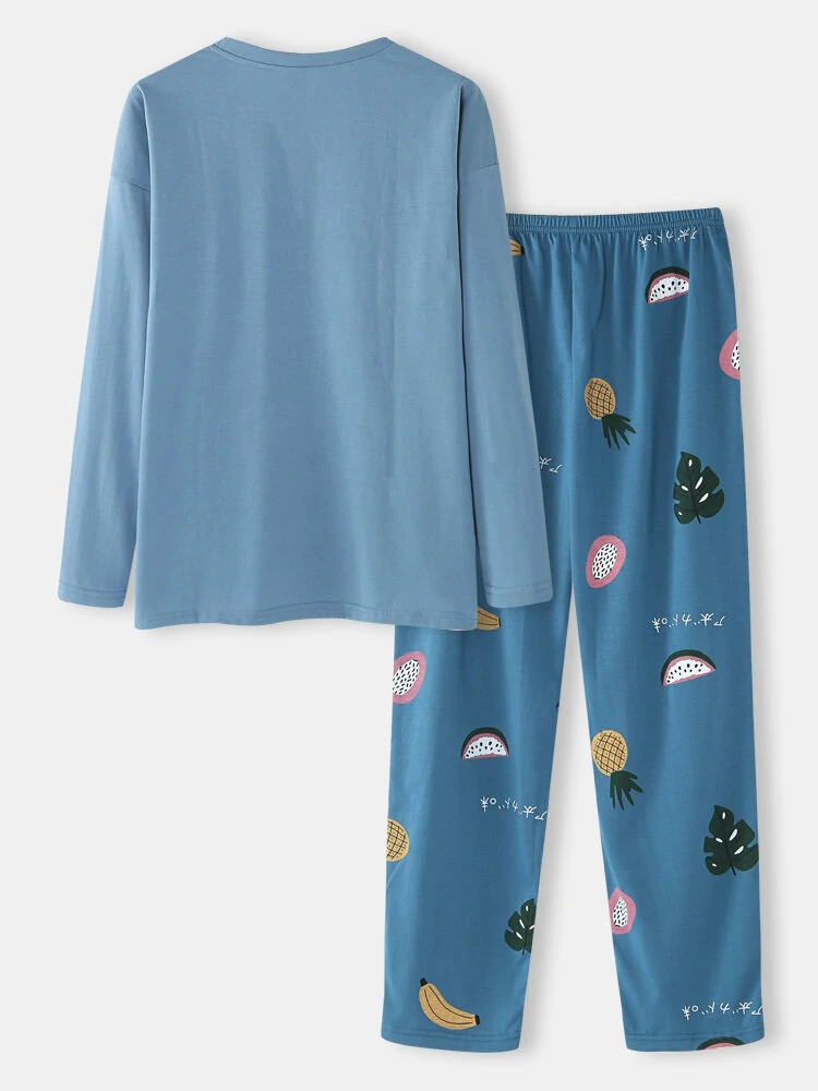 (image for) Women Cartoon Fruit Print O-Neck Loose Pants Cotton Comfy Plus Size Home Pajamas Sets