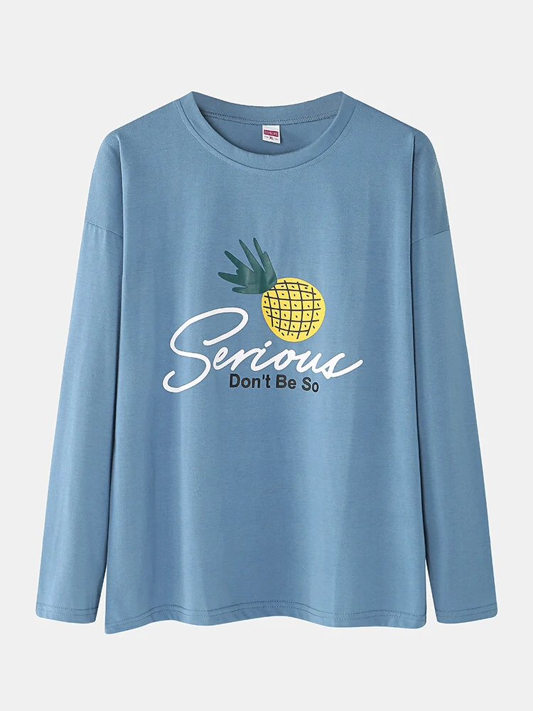 (image for) Women Cartoon Fruit Print O-Neck Loose Pants Cotton Comfy Plus Size Home Pajamas Sets