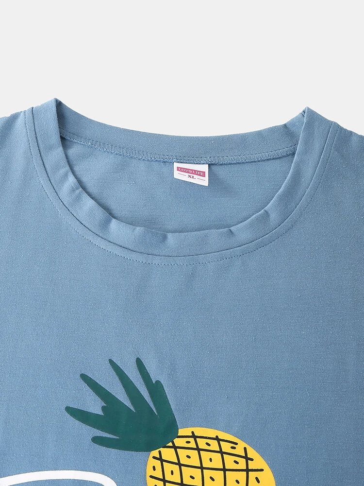 (image for) Women Cartoon Fruit Print O-Neck Loose Pants Cotton Comfy Plus Size Home Pajamas Sets