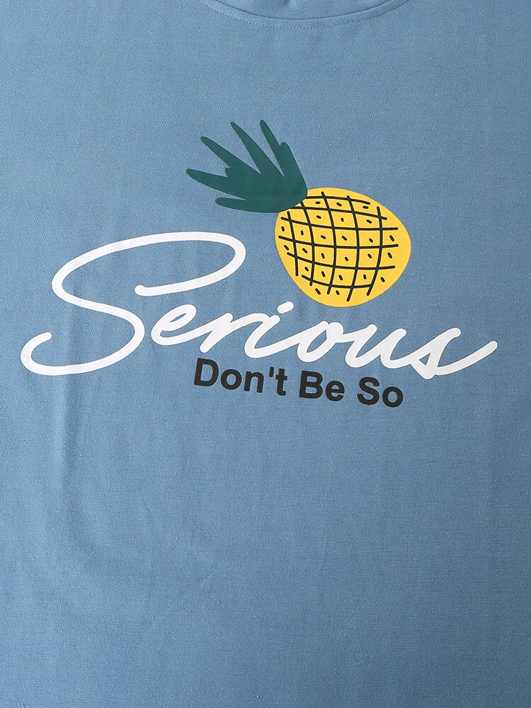 (image for) Women Cartoon Fruit Print O-Neck Loose Pants Cotton Comfy Plus Size Home Pajamas Sets