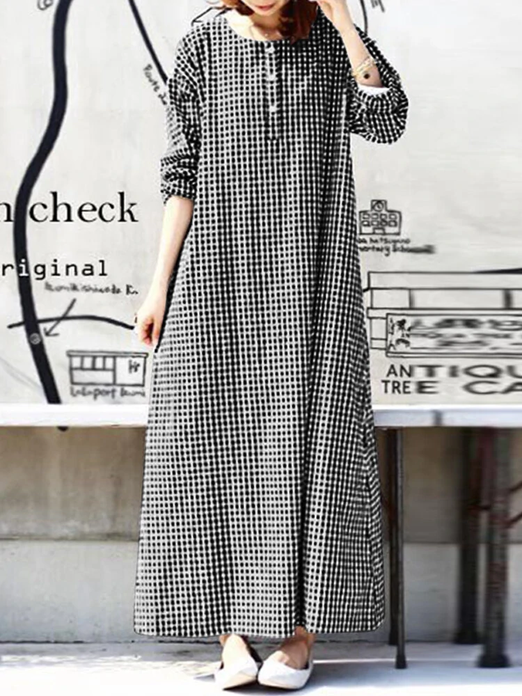 (image for) Women Casual Plaid Half Button Front Long Sleeve Maxi Dresses