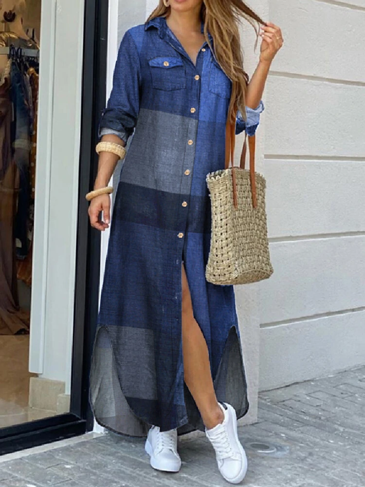 (image for) Women Casual Plaid Print Irregular Split Hem Maxi Shirts Dress with Side Pockets