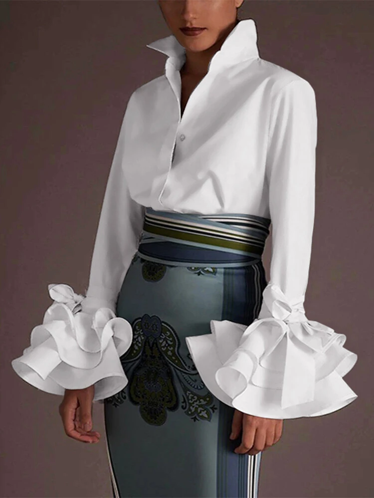 (image for) Women Casual Turn-down Collar Flare Sleeve Solid Color Blouse