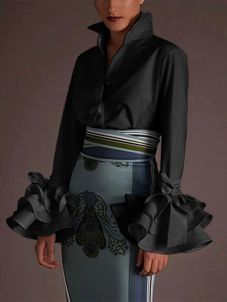 (image for) Women Casual Turn-down Collar Flare Sleeve Solid Color Blouse