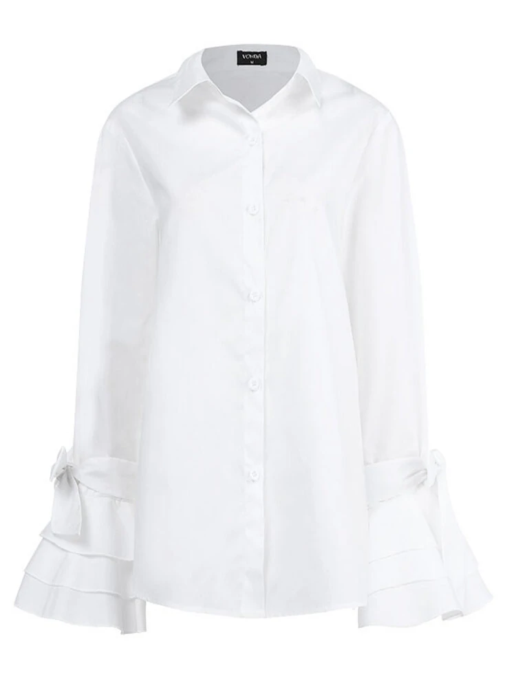 (image for) Women Casual Turn-down Collar Flare Sleeve Solid Color Blouse