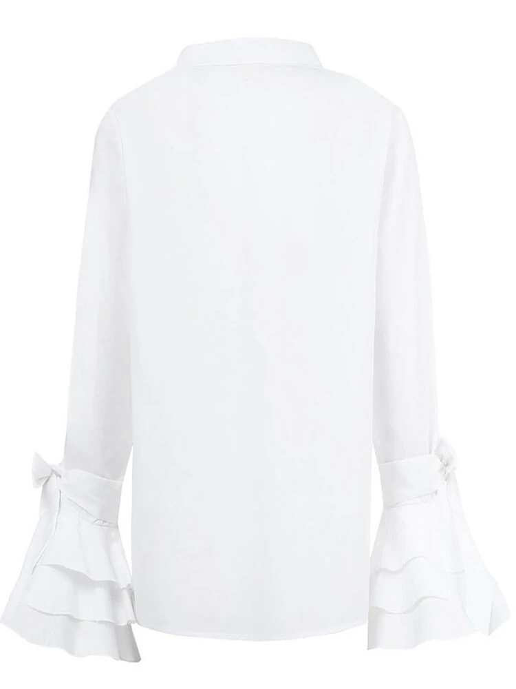 (image for) Women Casual Turn-down Collar Flare Sleeve Solid Color Blouse