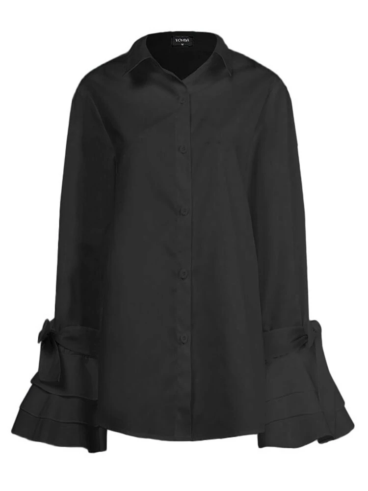 (image for) Women Casual Turn-down Collar Flare Sleeve Solid Color Blouse