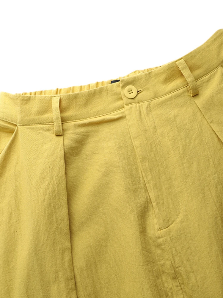 (image for) Women Cotton High Elastic Waist Side Pocket Zipper Solid Casual Skirts