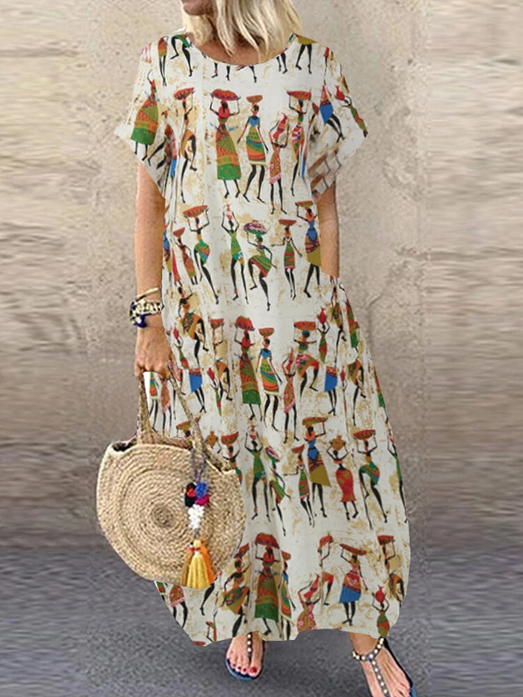 (image for) Women Ethnic Style Figure Print Round Neck Short Sleeve Loose Baggy Maxi Dresses