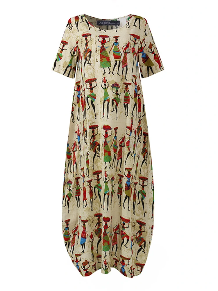(image for) Women Ethnic Style Figure Print Round Neck Short Sleeve Loose Baggy Maxi Dresses