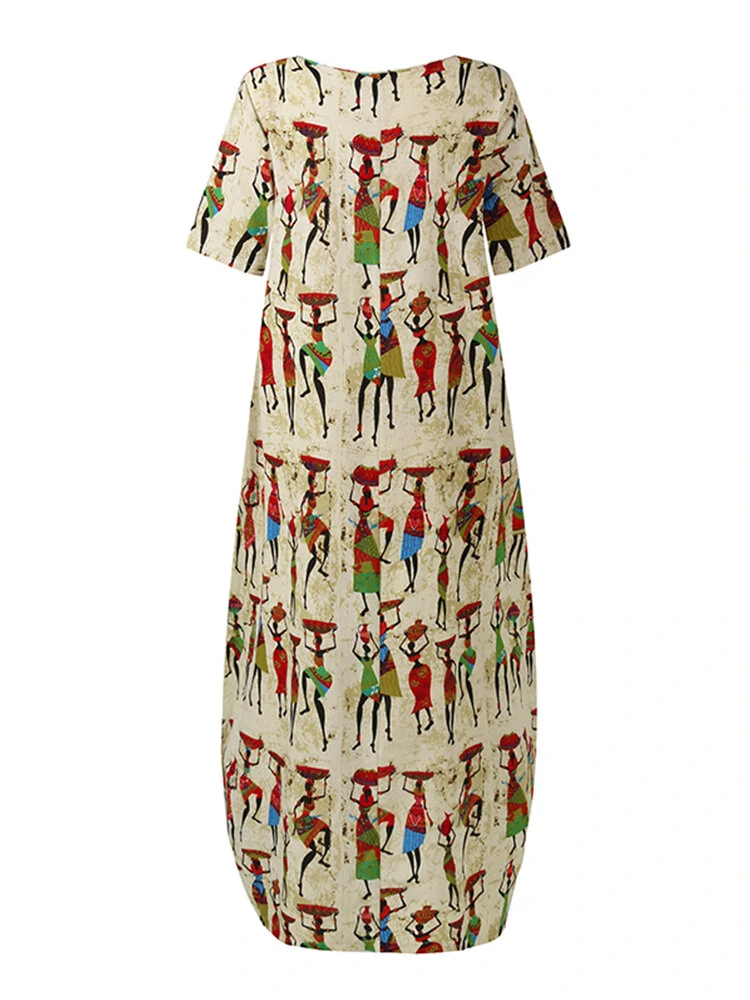 (image for) Women Ethnic Style Figure Print Round Neck Short Sleeve Loose Baggy Maxi Dresses