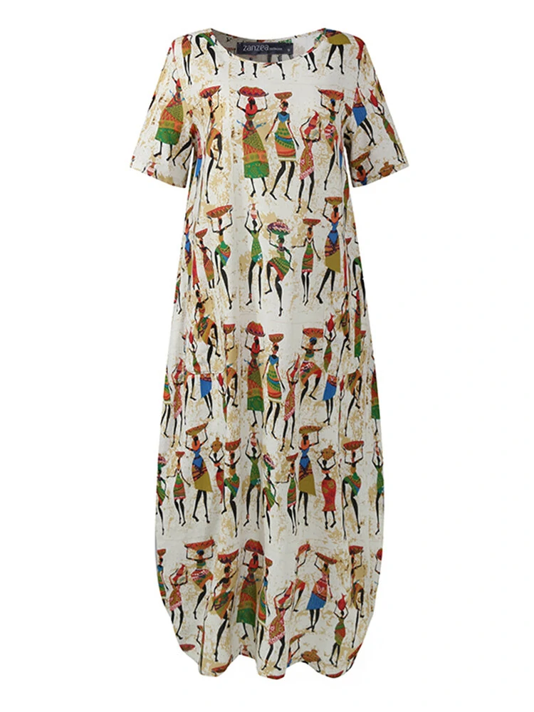 (image for) Women Ethnic Style Figure Print Round Neck Short Sleeve Loose Baggy Maxi Dresses
