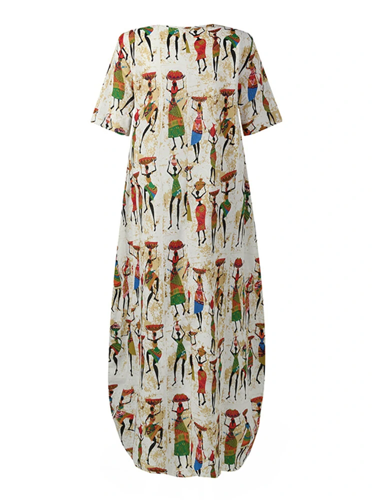 (image for) Women Ethnic Style Figure Print Round Neck Short Sleeve Loose Baggy Maxi Dresses