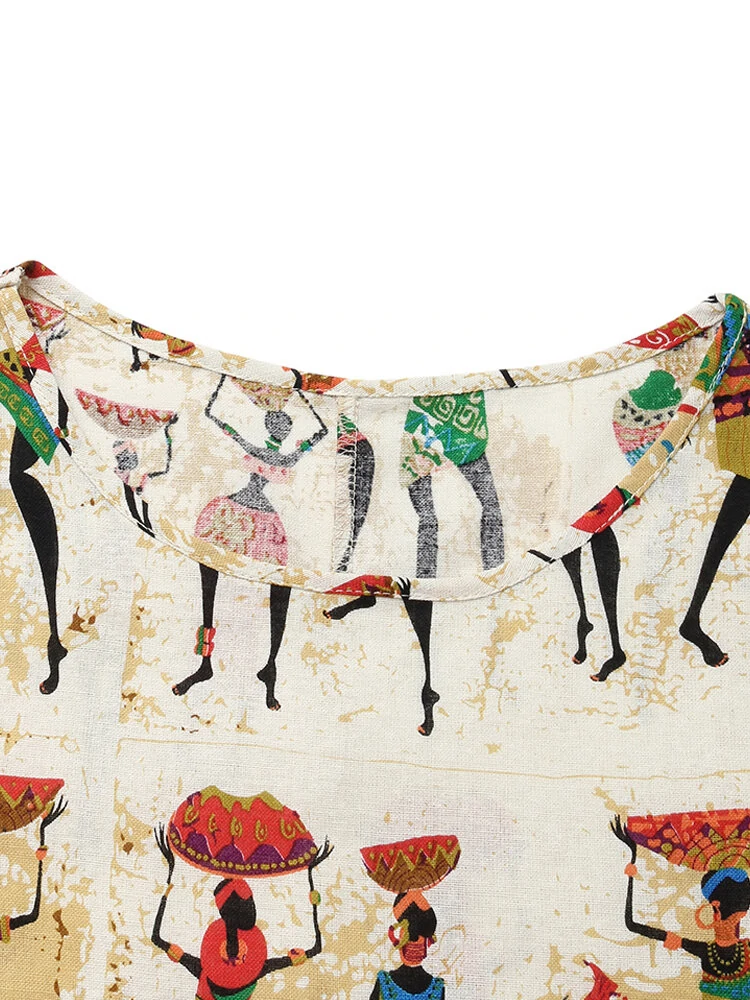 (image for) Women Ethnic Style Figure Print Round Neck Short Sleeve Loose Baggy Maxi Dresses