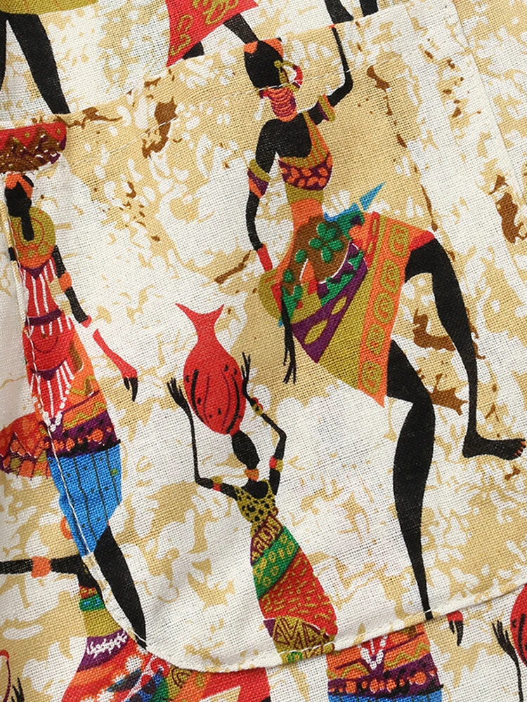 (image for) Women Ethnic Style Figure Print Round Neck Short Sleeve Loose Baggy Maxi Dresses