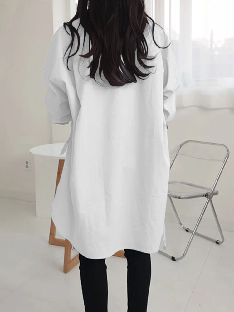 (image for) Women Lape High Low Split Tie Hem Irregular Hem Long Sleeve Shirts