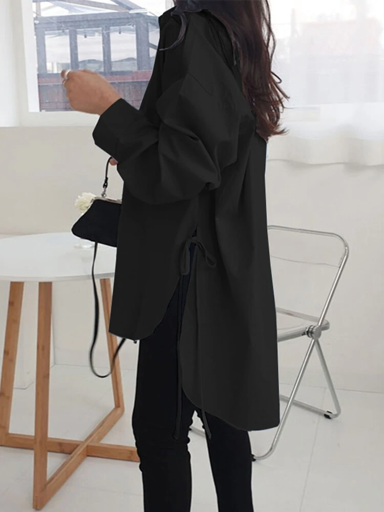 (image for) Women Lape High Low Split Tie Hem Irregular Hem Long Sleeve Shirts