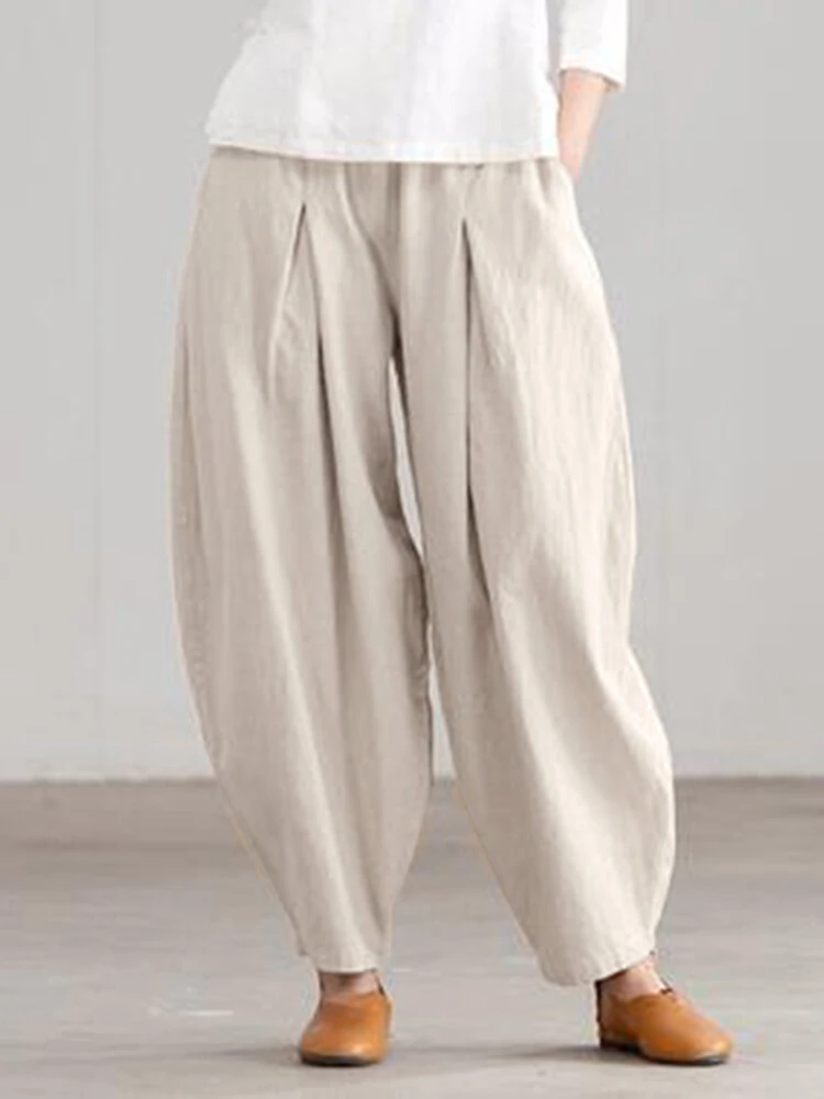 (image for) Women Loose 100% Cotton Ankle Length Solid Color Wide Legged Casual Pants